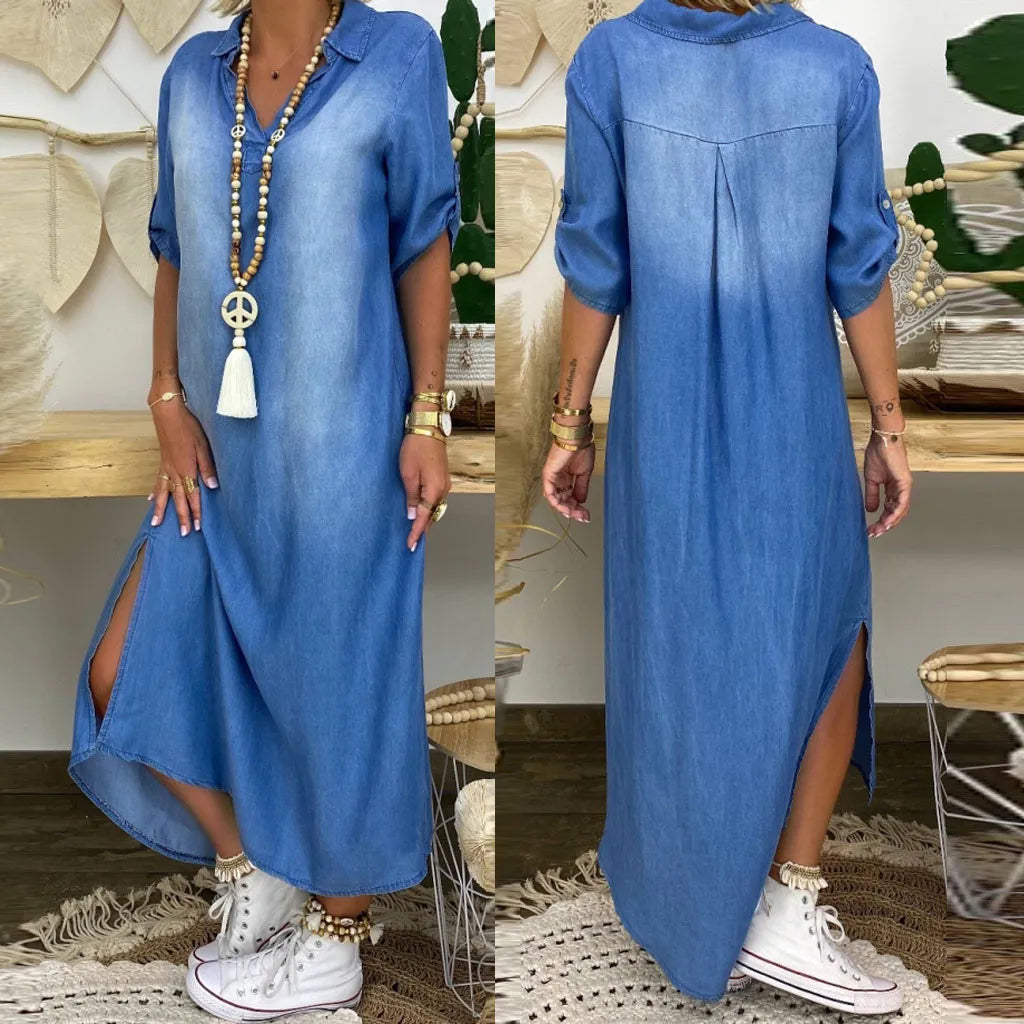 Lea - Robe Longue Décontractée en Denim
